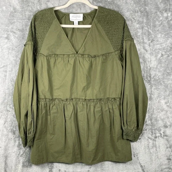 Anthropologie Mare Mare Blouse Medium Green Long-Sleeve V Neck Ruffled Bohemian - Picture 1 of 7